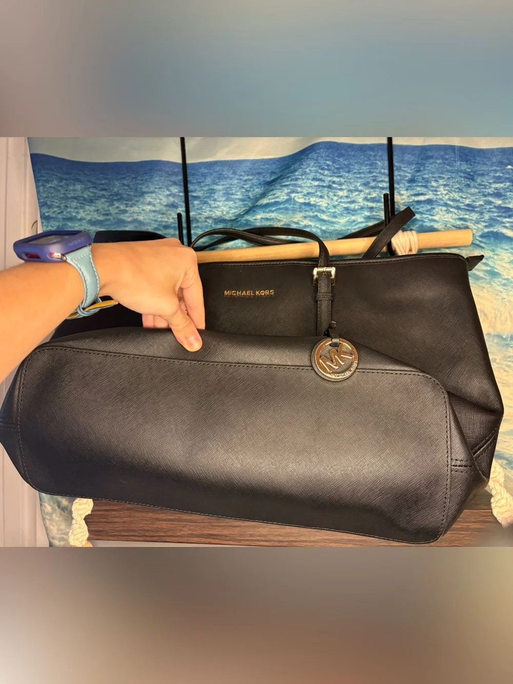 Michael Kors Black Leather Tote with Logo Charm and Gold Accents